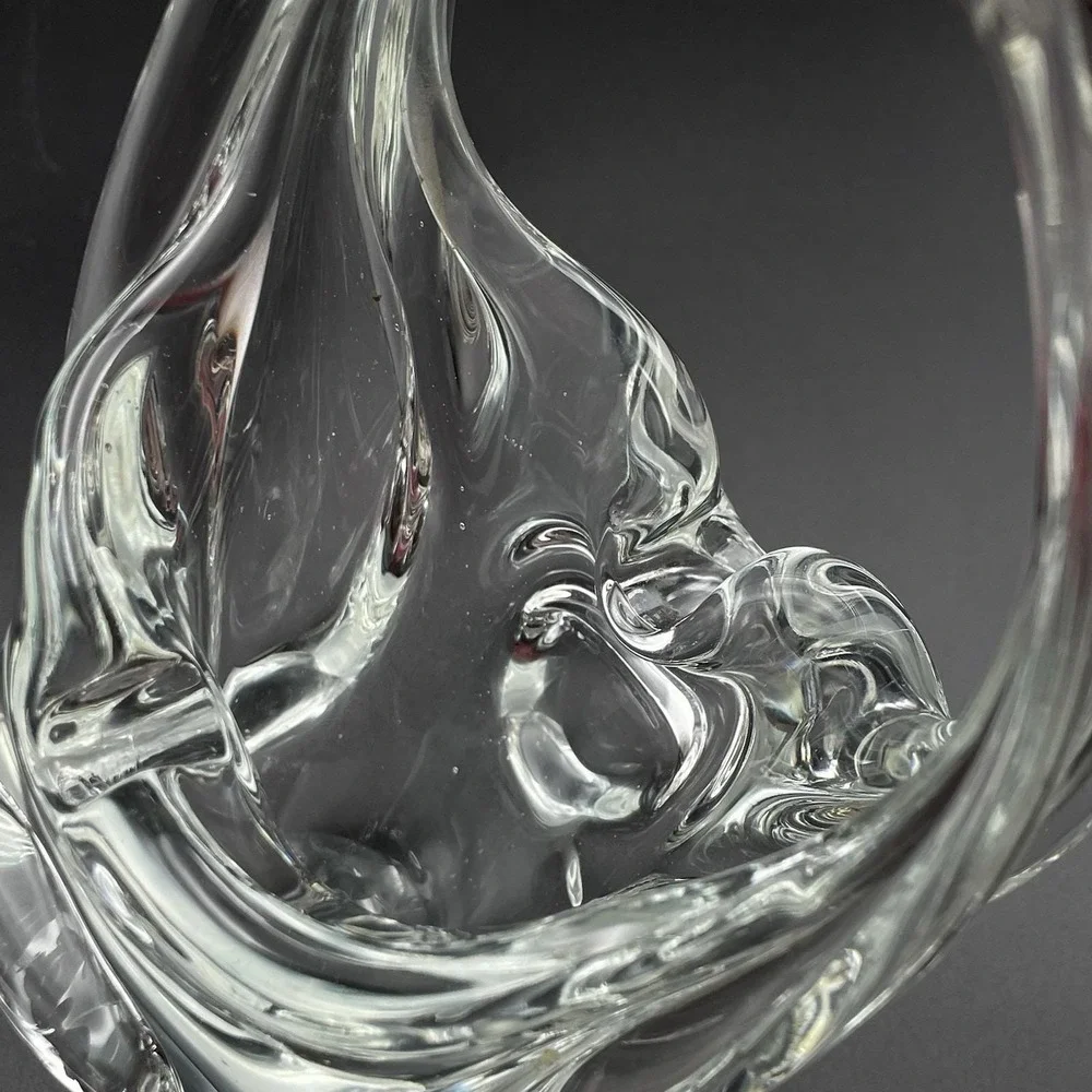 Vintage Hand Blown Art Glass Basket Clear Split Handle Basket Vase‎